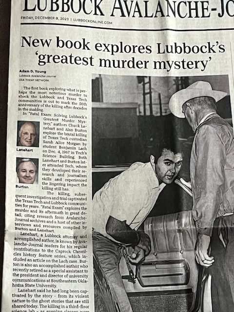 Front page article in the Lubbock Avalanche-Journal featuring "Fatal Exam"